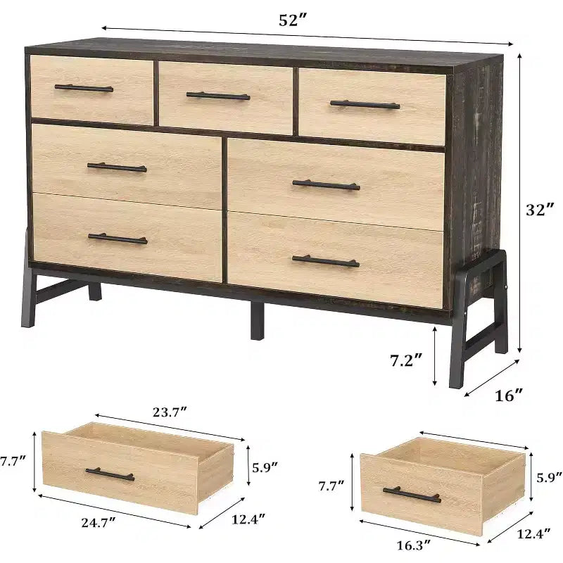 52 Wide Dresser, 7 Dresser for Bedroom, Wooden Closet Storage Chest, for Living Room, Bedroom, Entryway