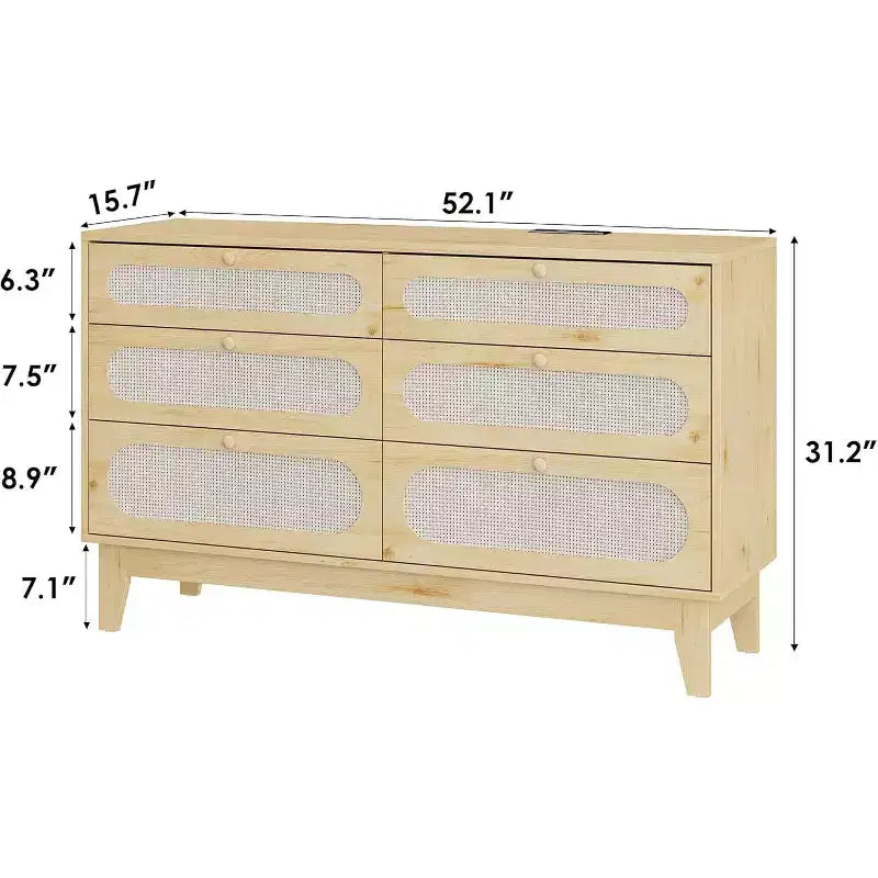 1-Box Assembly Rattan 6-Drawer Dresser with Power Outlets & USB Ports, Wood Storage Cabinet for Bedroom