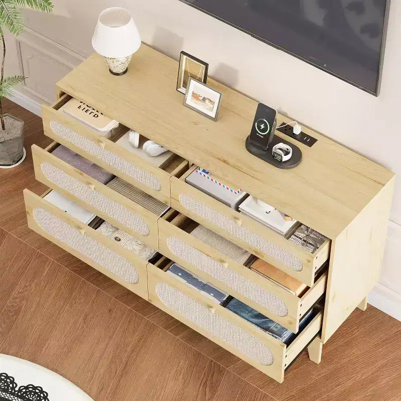 1-Box Assembly Rattan 6-Drawer Dresser with Power Outlets & USB Ports, Wood Storage Cabinet for Bedroom