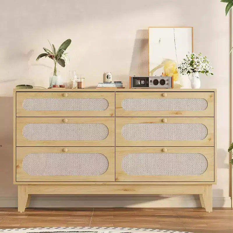 1-Box Assembly Rattan 6-Drawer Dresser with Power Outlets & USB Ports, Wood Storage Cabinet for Bedroom