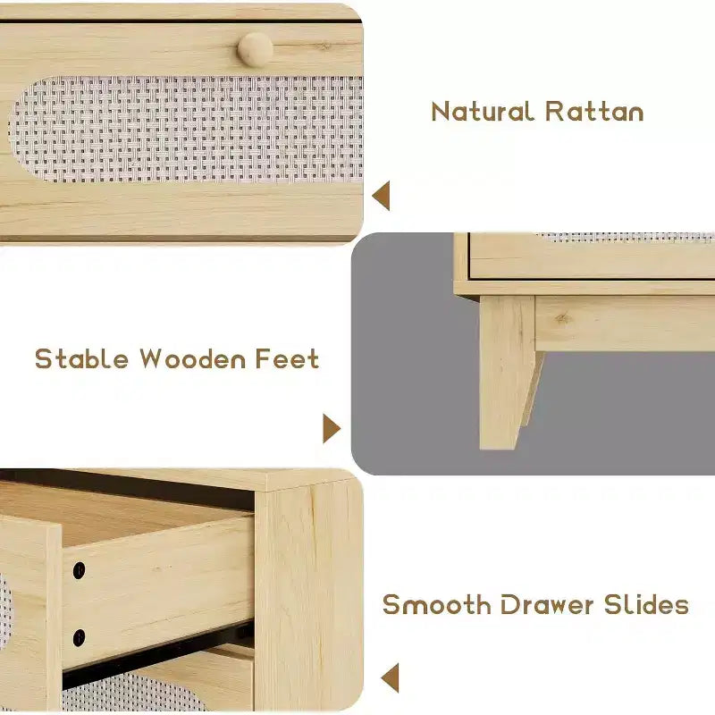 1-Box Assembly Rattan 6-Drawer Dresser with Power Outlets & USB Ports, Wood Storage Cabinet for Bedroom