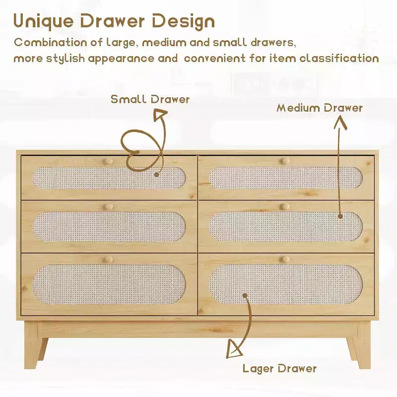 1-Box Assembly Rattan 6-Drawer Dresser with Power Outlets & USB Ports, Wood Storage Cabinet for Bedroom