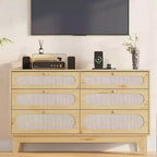 1-Box Assembly Rattan 6-Drawer Dresser with Power Outlets & USB Ports, Wood Storage Cabinet for Bedroom