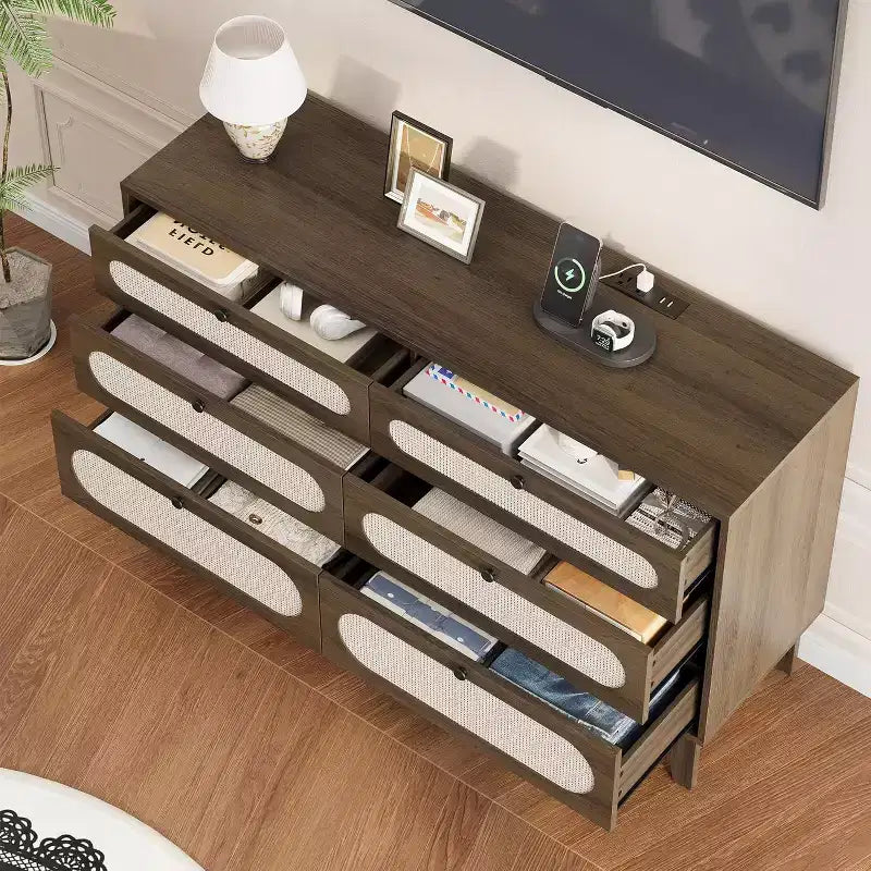 1-Box Assembly Rattan 6-Drawer Dresser with Power Outlets & USB Ports, Wood Storage Cabinet for Bedroom