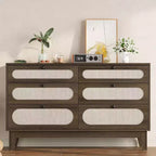 1-Box Assembly Rattan 6-Drawer Dresser with Power Outlets & USB Ports, Wood Storage Cabinet for Bedroom