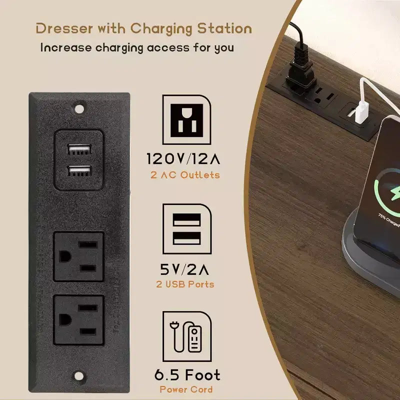 1-Box Assembly Rattan 6-Drawer Dresser with Power Outlets & USB Ports, Wood Storage Cabinet for Bedroom