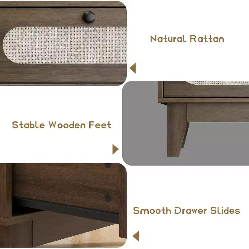 1-Box Assembly Rattan 6-Drawer Dresser with Power Outlets & USB Ports, Wood Storage Cabinet for Bedroom