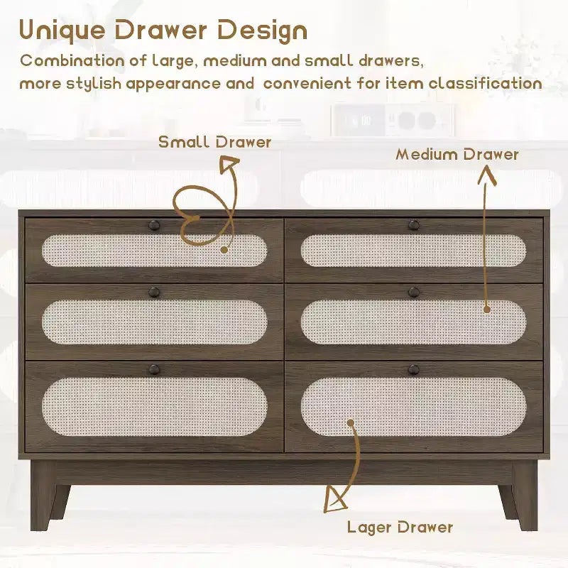 1-Box Assembly Rattan 6-Drawer Dresser with Power Outlets & USB Ports, Wood Storage Cabinet for Bedroom