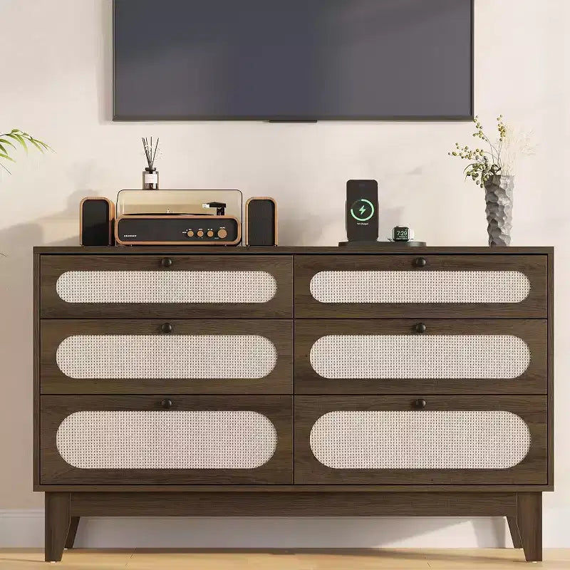 1-Box Assembly Rattan 6-Drawer Dresser with Power Outlets & USB Ports, Wood Storage Cabinet for Bedroom