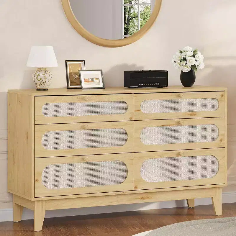 1-Box Assembly Rattan 6-Drawer Dresser with Power Outlets & USB Ports, Wood Storage Cabinet for Bedroom