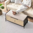 1PC Rattan Storage Ottoman - with 2 Safety Hinges & 15mm Thickened Panel - Flip-Top Entryway Bench, Black Oak