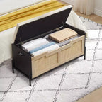 1PC Rattan Storage Ottoman - with 2 Safety Hinges & 15mm Thickened Panel - Flip-Top Entryway Bench, Black Oak