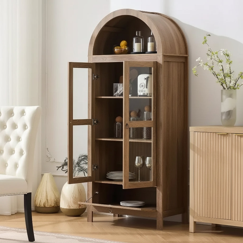 71 Tall Arched Pantry Cabinet with Glass Door, Drawer & Anti-Tip Kit Versatile Storage Cupboard for Kitchen or Dining Room