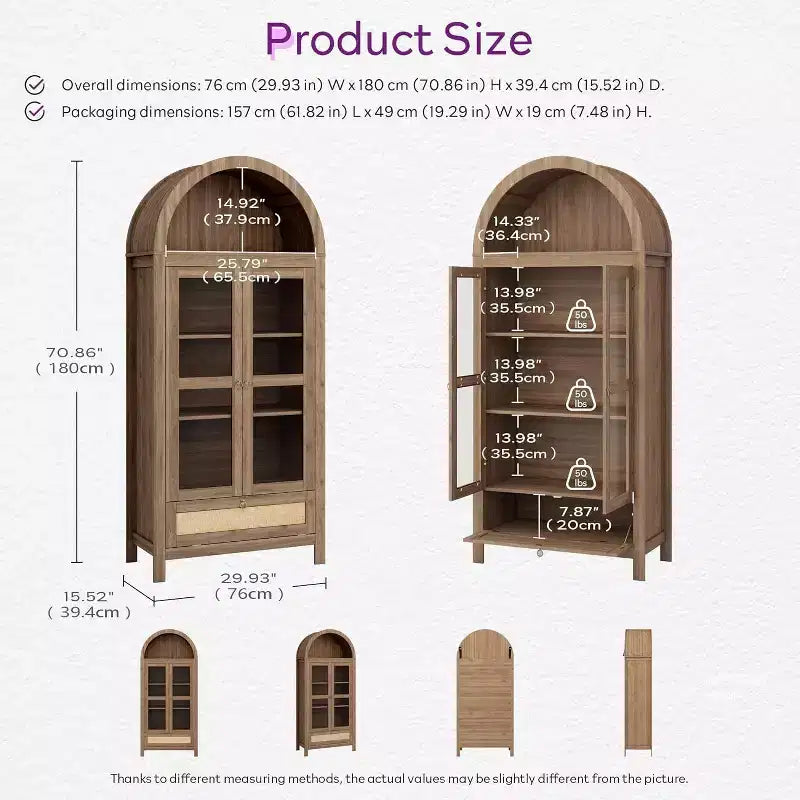 71 Tall Arched Pantry Cabinet with Glass Door, Drawer & Anti-Tip Kit Versatile Storage Cupboard for Kitchen or Dining Room