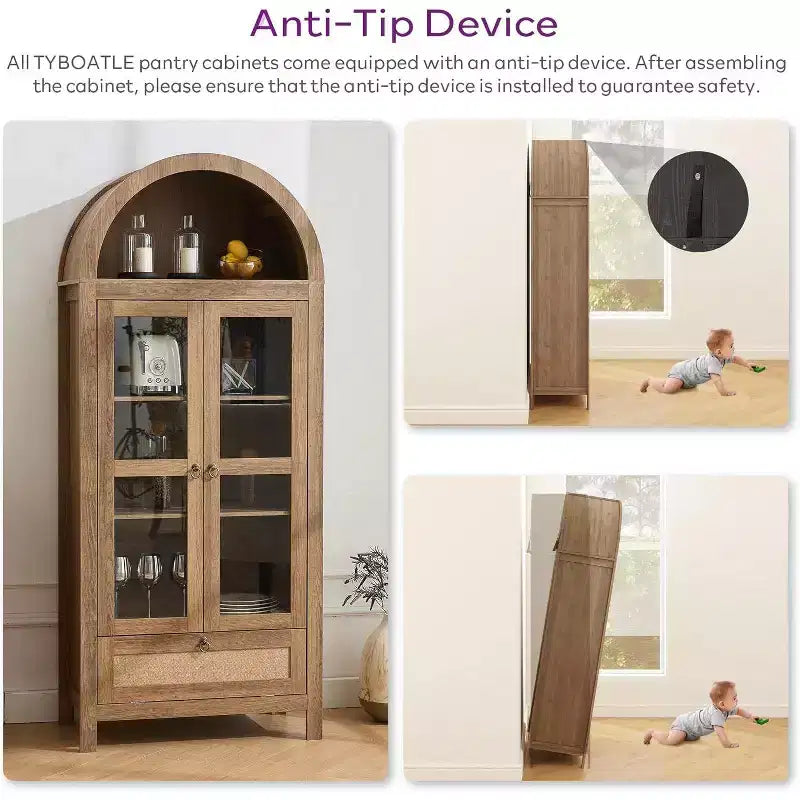 71 Tall Arched Pantry Cabinet with Glass Door, Drawer & Anti-Tip Kit Versatile Storage Cupboard for Kitchen or Dining Room