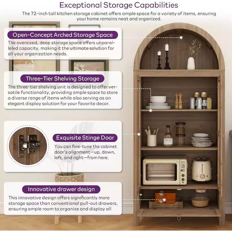 71 Tall Arched Pantry Cabinet with Glass Door, Drawer & Anti-Tip Kit Versatile Storage Cupboard for Kitchen or Dining Room