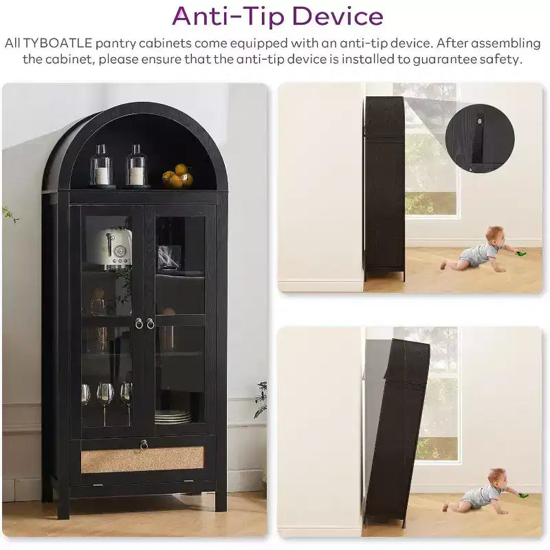 71 Tall Arched Pantry Cabinet with Glass Door, Drawer & Anti-Tip Kit Versatile Storage Cupboard for Kitchen or Dining Room