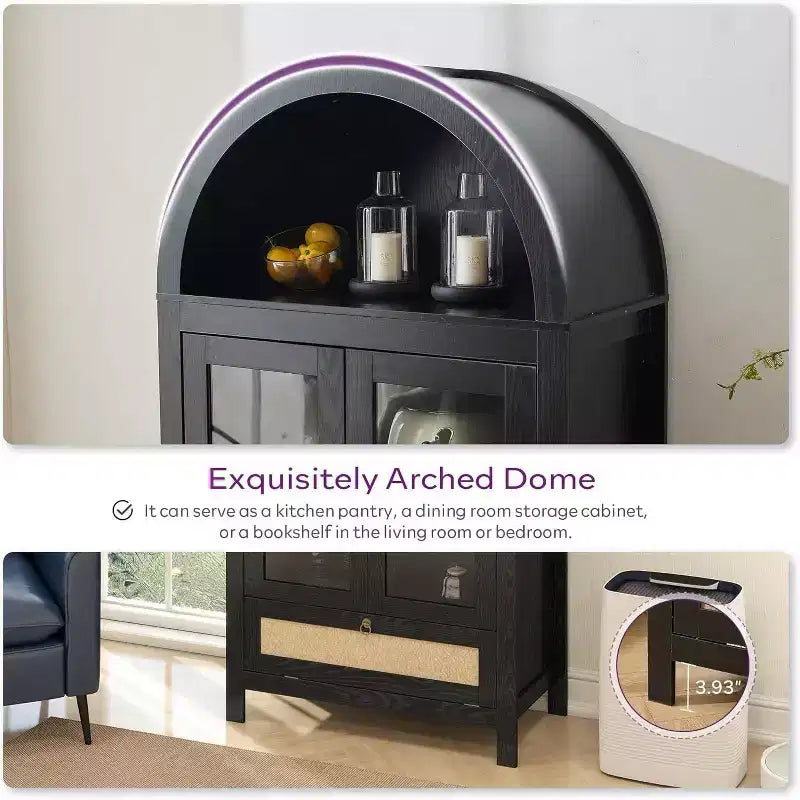 71 Tall Arched Pantry Cabinet with Glass Door, Drawer & Anti-Tip Kit Versatile Storage Cupboard for Kitchen or Dining Room