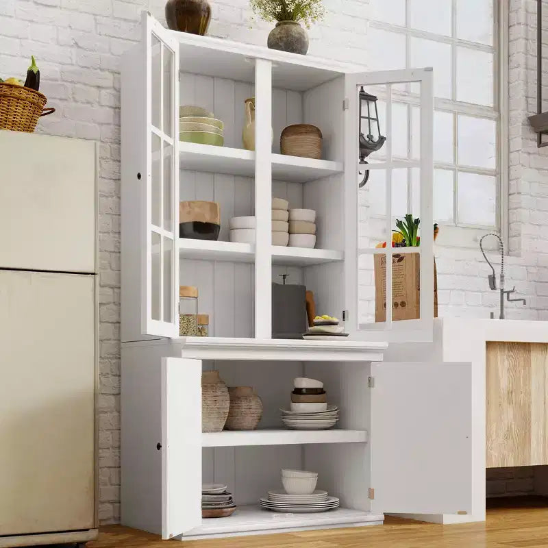 Farmhouse-Inspired Freestanding Display Cabinet with Glass Doors & Storage