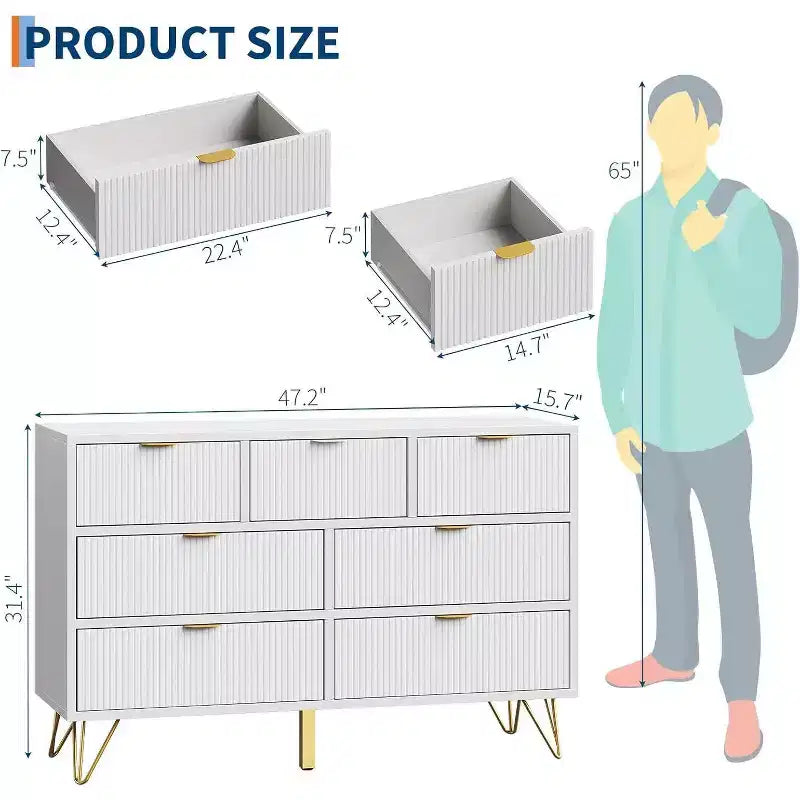 7 Drawer Dresser, 47.2 Wide Modern White Chest with Gold Metal Legs, Storage Organizer for Bedroom, Entryway, Living Room