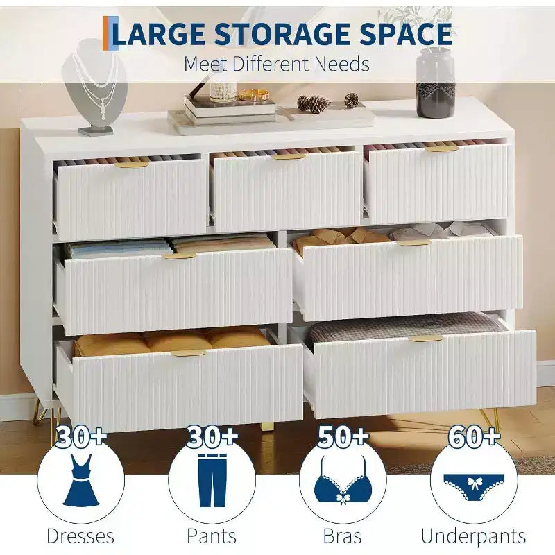 7 Drawer Dresser, 47.2 Wide Modern White Chest with Gold Metal Legs, Storage Organizer for Bedroom, Entryway, Living Room