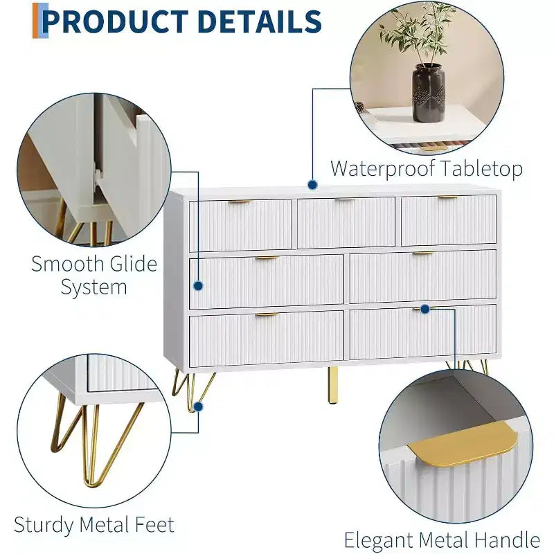 7 Drawer Dresser, 47.2 Wide Modern White Chest with Gold Metal Legs, Storage Organizer for Bedroom, Entryway, Living Room