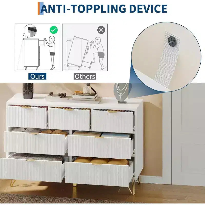 7 Drawer Dresser, 47.2 Wide Modern White Chest with Gold Metal Legs, Storage Organizer for Bedroom, Entryway, Living Room