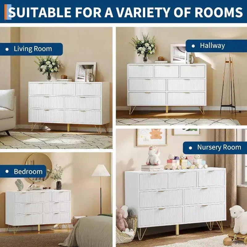 7 Drawer Dresser, 47.2 Wide Modern White Chest with Gold Metal Legs, Storage Organizer for Bedroom, Entryway, Living Room