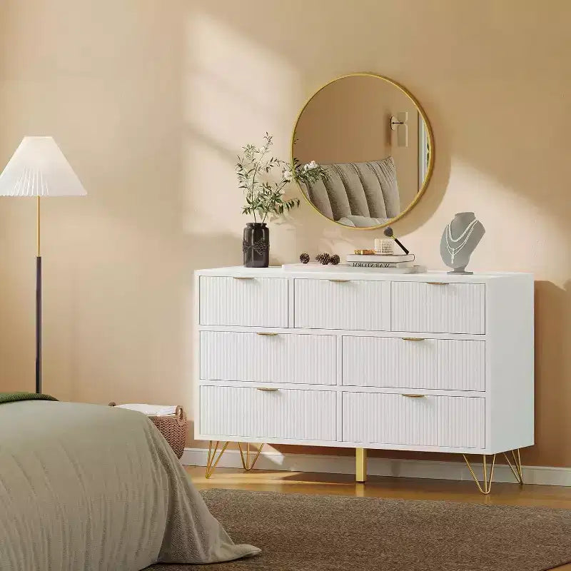 7 Drawer Dresser, 47.2 Wide Modern White Chest with Gold Metal Legs, Storage Organizer for Bedroom, Entryway, Living Room
