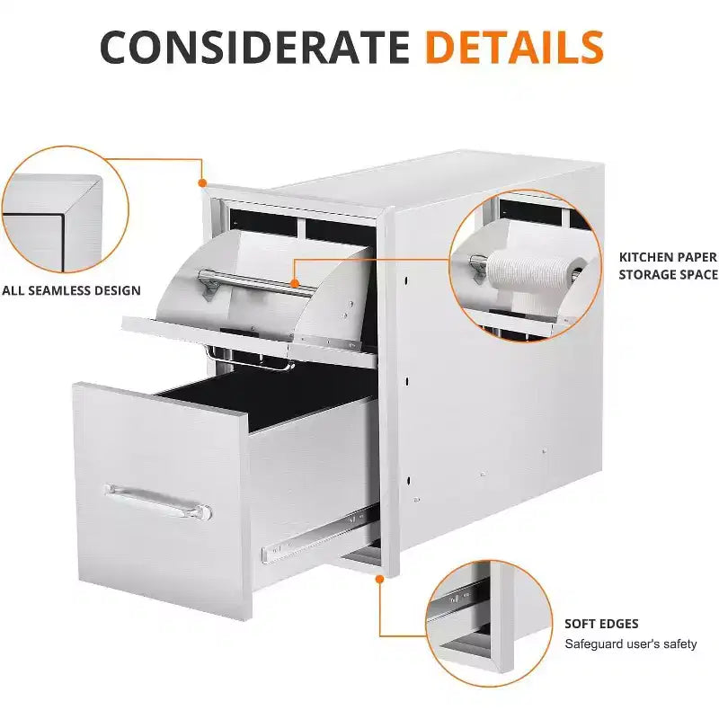 16W x 21H x 23D Inch Outdoor Kitchen Stainless Steel Double Access Drawers with Paper Towel Holder Combo for BBQ Island or Grill Station