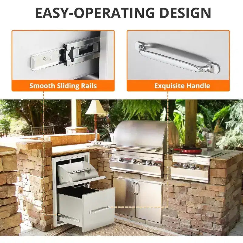 16W x 21H x 23D Inch Outdoor Kitchen Stainless Steel Double Access Drawers with Paper Towel Holder Combo for BBQ Island or Grill Station