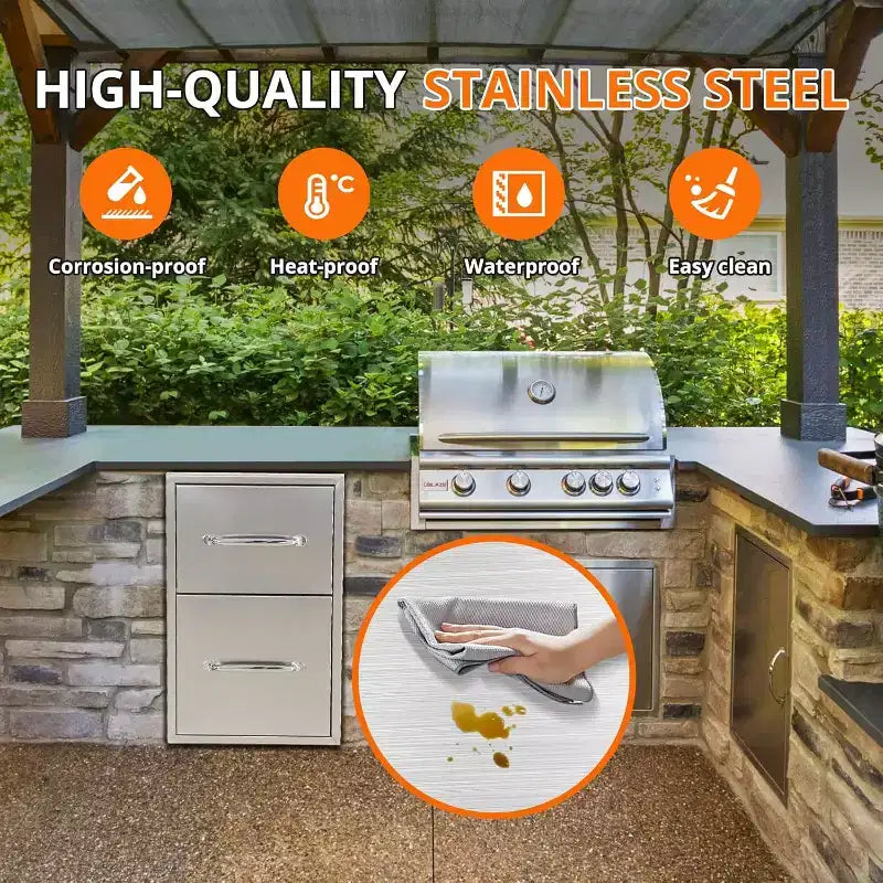 16W x 21H x 23D Inch Outdoor Kitchen Stainless Steel Double Access Drawers with Paper Towel Holder Combo for BBQ Island or Grill Station