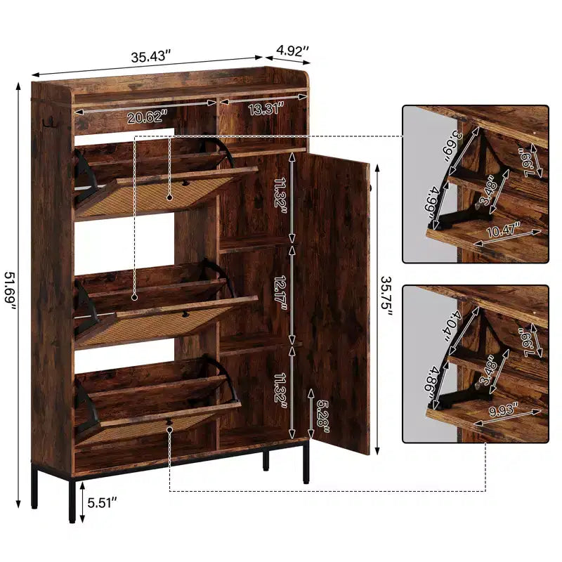 Rattan Shoe Cabinet with 3 Flip Drawers, Hidden Shoe Storage Cabinet, Wooden Narrow 4 Tier Shoe Organizer for Entryway Hallway Living Room