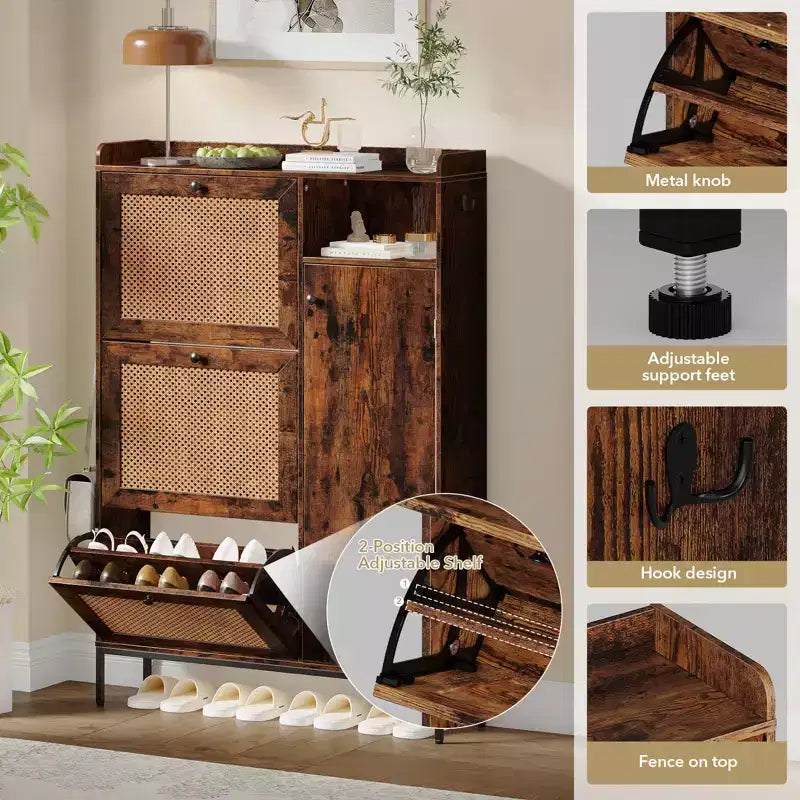 Rattan Shoe Cabinet with 3 Flip Drawers, Hidden Shoe Storage Cabinet, Wooden Narrow 4 Tier Shoe Organizer for Entryway Hallway Living Room