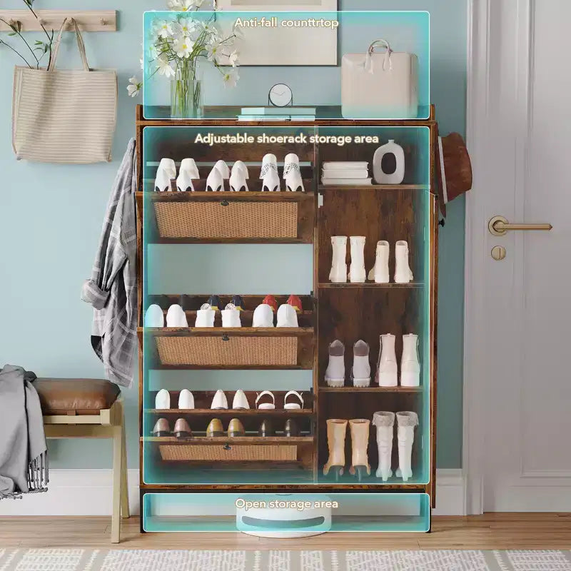 Rattan Shoe Cabinet with 3 Flip Drawers, Hidden Shoe Storage Cabinet, Wooden Narrow 4 Tier Shoe Organizer for Entryway Hallway Living Room