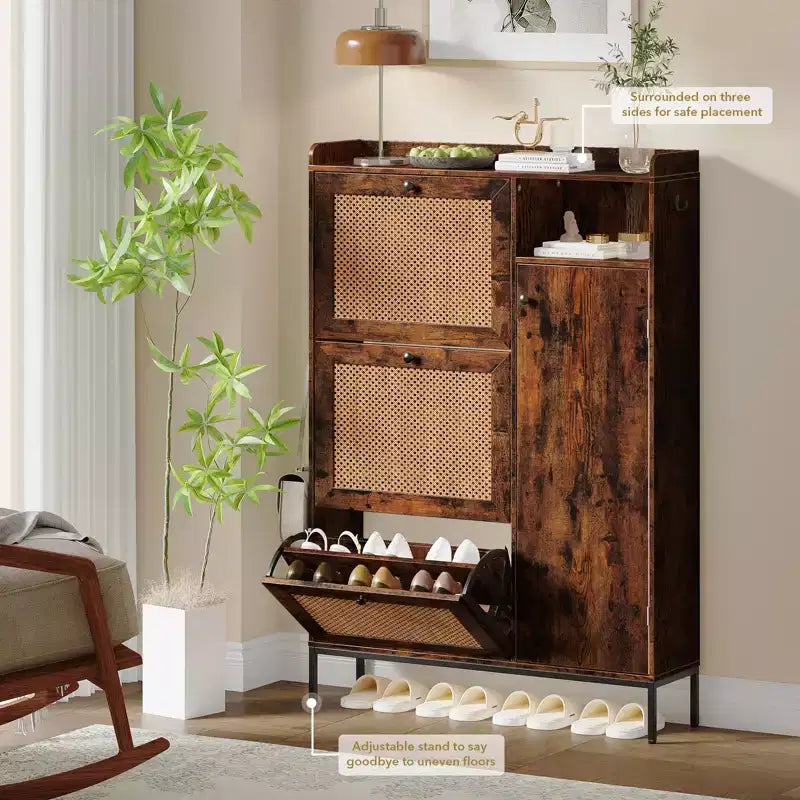 Rattan Shoe Cabinet with 3 Flip Drawers, Hidden Shoe Storage Cabinet, Wooden Narrow 4 Tier Shoe Organizer for Entryway Hallway Living Room