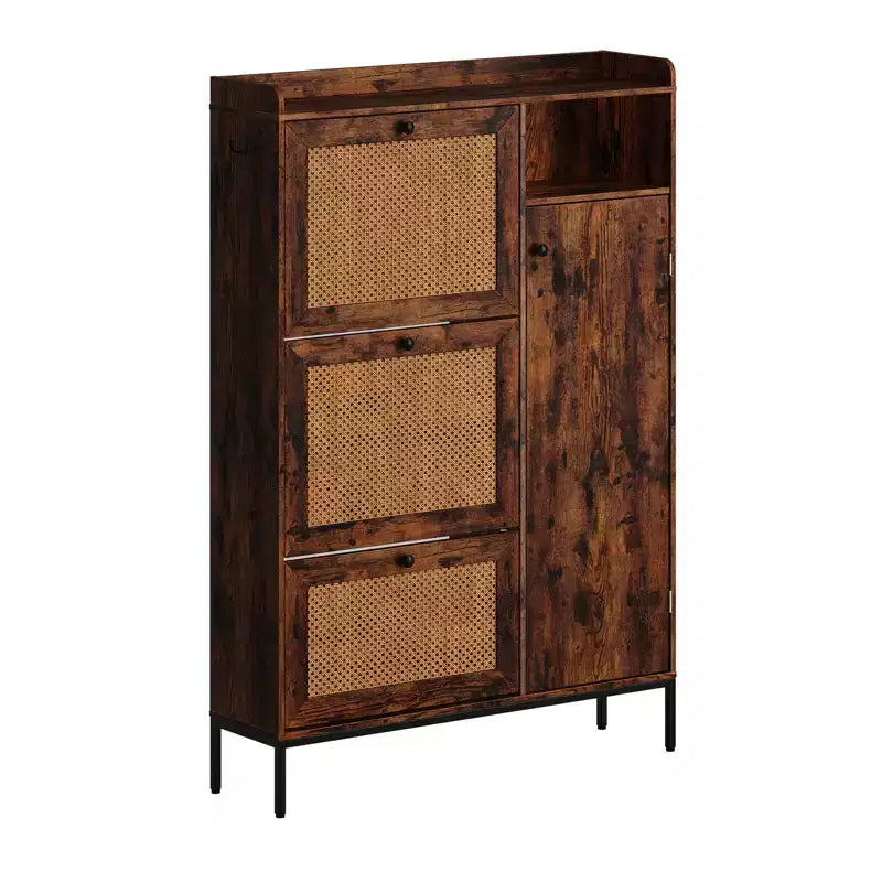 Rattan Shoe Cabinet with 3 Flip Drawers, Hidden Shoe Storage Cabinet, Wooden Narrow 4 Tier Shoe Organizer for Entryway Hallway Living Room