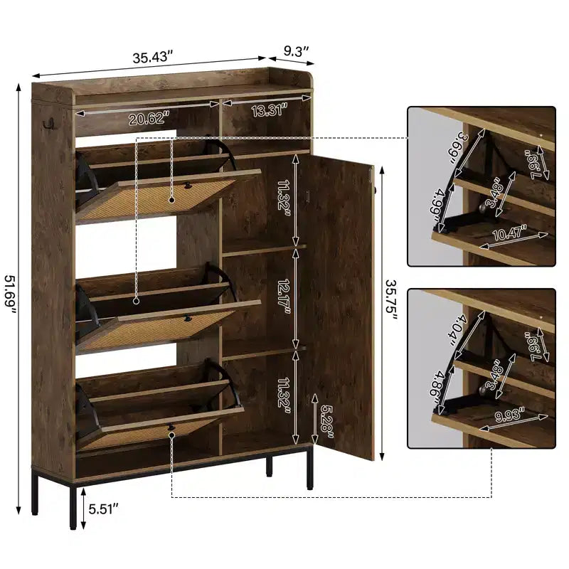 Rattan Shoe Cabinet with 3 Flip Drawers, Hidden Shoe Storage Cabinet, Wooden Narrow 4 Tier Shoe Organizer for Entryway Hallway Living Room