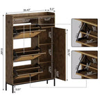 Rattan Shoe Cabinet with 3 Flip Drawers, Hidden Shoe Storage Cabinet, Wooden Narrow 4 Tier Shoe Organizer for Entryway Hallway Living Room