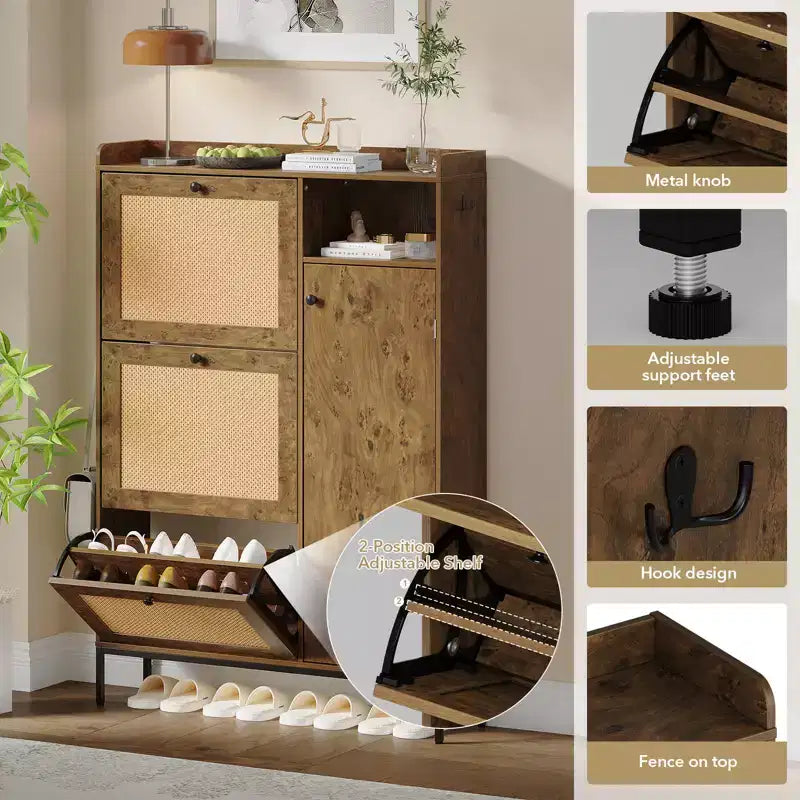 Rattan Shoe Cabinet with 3 Flip Drawers, Hidden Shoe Storage Cabinet, Wooden Narrow 4 Tier Shoe Organizer for Entryway Hallway Living Room