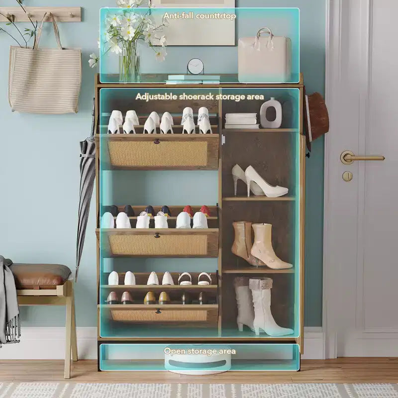 Rattan Shoe Cabinet with 3 Flip Drawers, Hidden Shoe Storage Cabinet, Wooden Narrow 4 Tier Shoe Organizer for Entryway Hallway Living Room