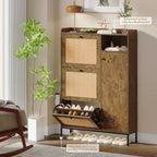 Rattan Shoe Cabinet with 3 Flip Drawers, Hidden Shoe Storage Cabinet, Wooden Narrow 4 Tier Shoe Organizer for Entryway Hallway Living Room