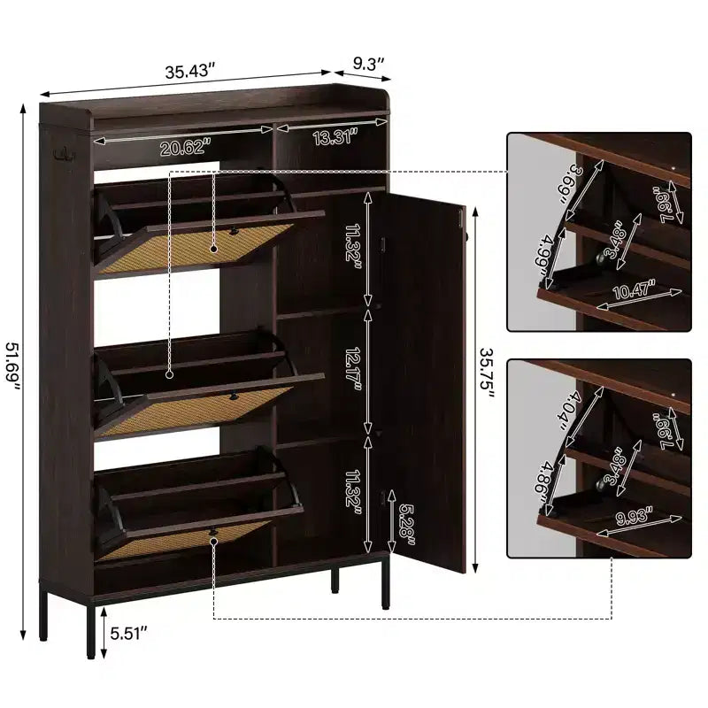 Rattan Shoe Cabinet with 3 Flip Drawers, Hidden Shoe Storage Cabinet, Wooden Narrow 4 Tier Shoe Organizer for Entryway Hallway Living Room
