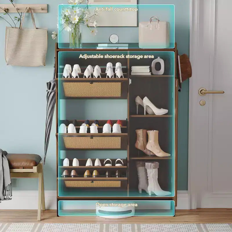 Rattan Shoe Cabinet with 3 Flip Drawers, Hidden Shoe Storage Cabinet, Wooden Narrow 4 Tier Shoe Organizer for Entryway Hallway Living Room