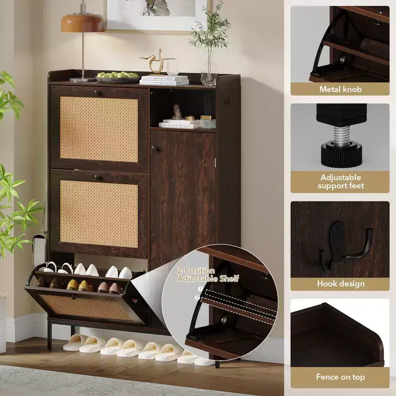Rattan Shoe Cabinet with 3 Flip Drawers, Hidden Shoe Storage Cabinet, Wooden Narrow 4 Tier Shoe Organizer for Entryway Hallway Living Room