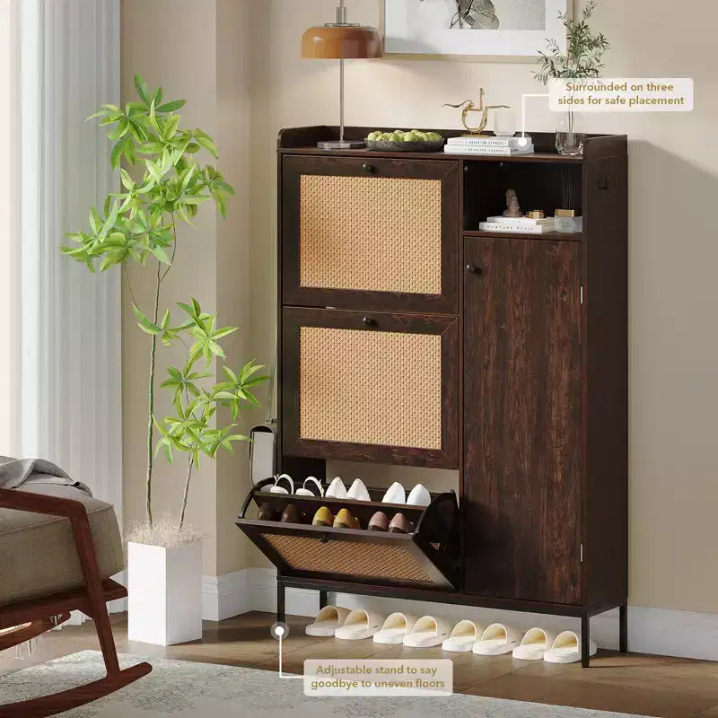 Rattan Shoe Cabinet with 3 Flip Drawers, Hidden Shoe Storage Cabinet, Wooden Narrow 4 Tier Shoe Organizer for Entryway Hallway Living Room