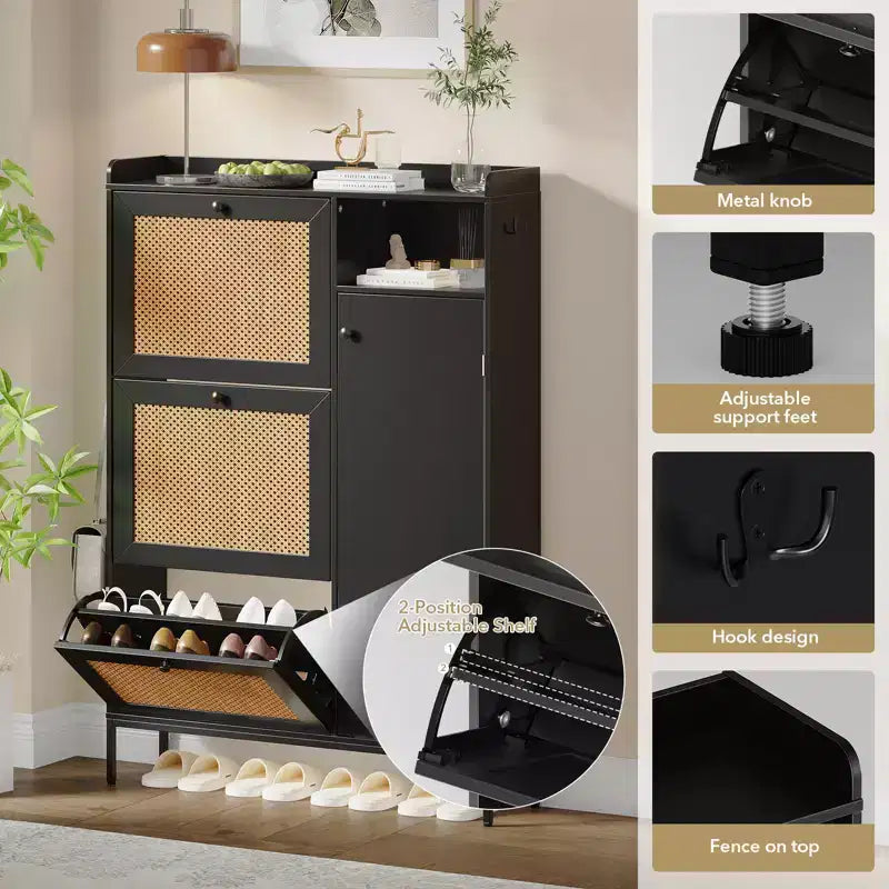 Rattan Shoe Cabinet with 3 Flip Drawers, Hidden Shoe Storage Cabinet, Wooden Narrow 4 Tier Shoe Organizer for Entryway Hallway Living Room