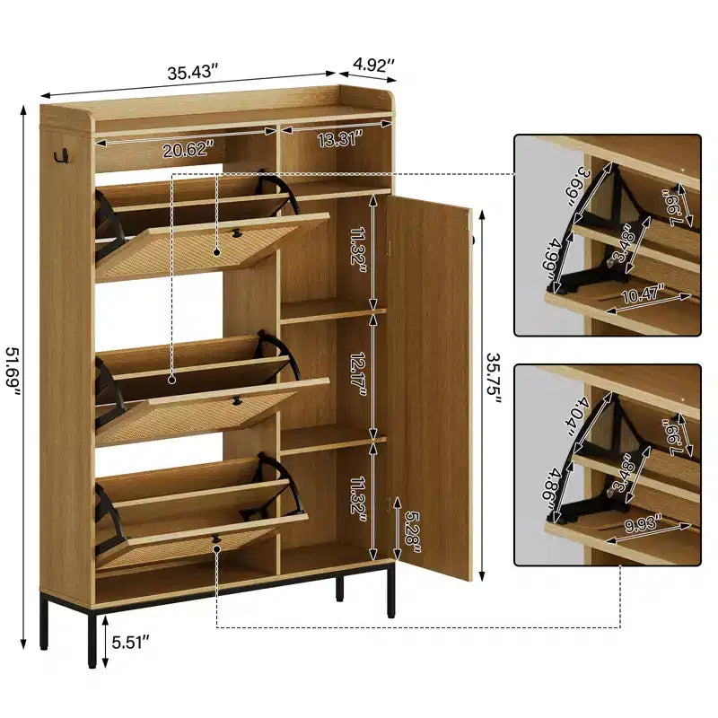 Rattan Shoe Cabinet with 3 Flip Drawers, Hidden Shoe Storage Cabinet, Wooden Narrow 4 Tier Shoe Organizer for Entryway Hallway Living Room