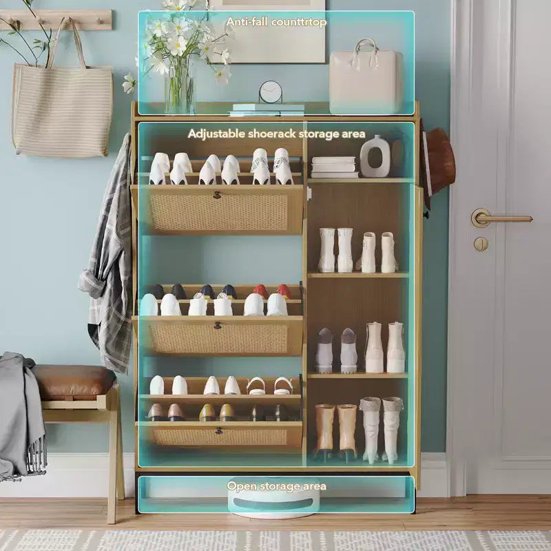 Rattan Shoe Cabinet with 3 Flip Drawers, Hidden Shoe Storage Cabinet, Wooden Narrow 4 Tier Shoe Organizer for Entryway Hallway Living Room