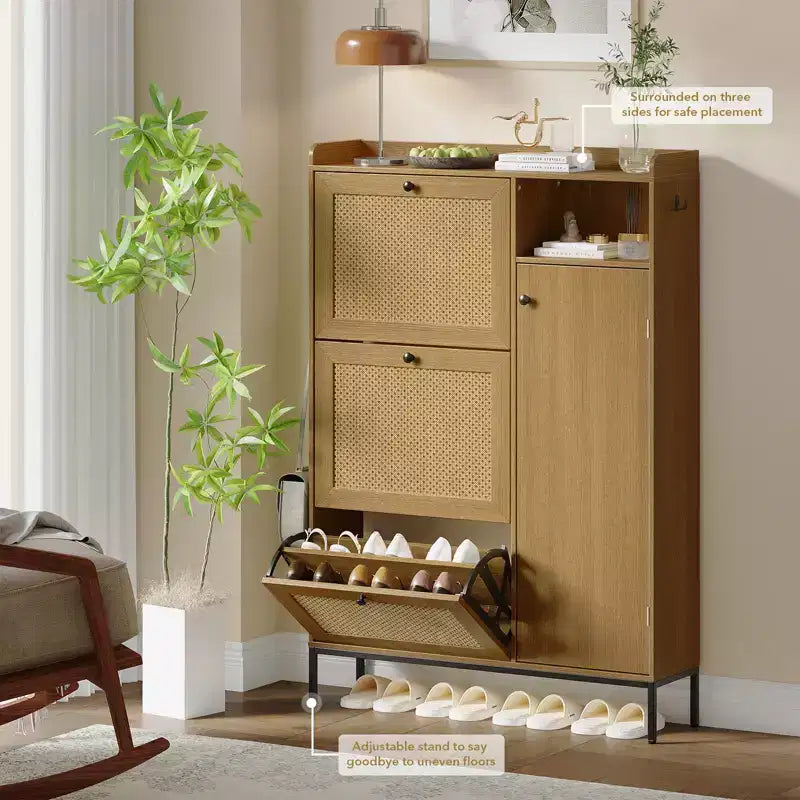 Rattan Shoe Cabinet with 3 Flip Drawers, Hidden Shoe Storage Cabinet, Wooden Narrow 4 Tier Shoe Organizer for Entryway Hallway Living Room